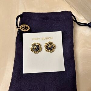 Tory Burch Gold and Navy Flower Earrings and Dust bag